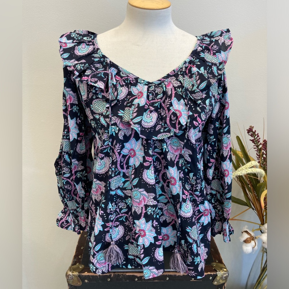 Mille Navy and Purple Floral Ruffle Blouse NWT